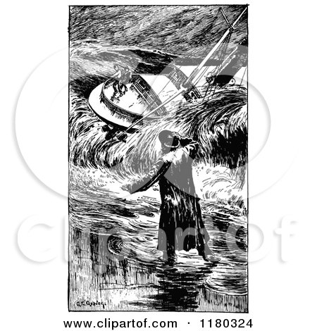 Clipart of a Retro Vintage Black and White Shipwreck Survivor - Royalty Free Vector Illustration by Prawny Vintage