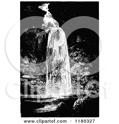 Clipart of a Retro Vintage Black and White Waterfall - Royalty Free Vector Illustration by Prawny Vintage