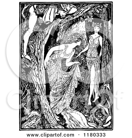Clipart of a Retro Vintage Black and White Man in a Tree over Ladies in the Woods - Royalty Free Vector Illustration by Prawny Vintage