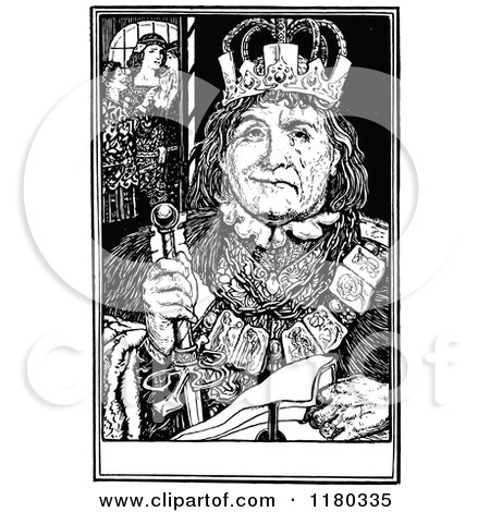 Clipart of a Retro Vintage Black and White Half Sad Half Happy King - Royalty Free Vector Illustration by Prawny Vintage