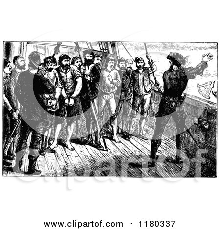 Clipart of a Retro Vintage Black and White Ship Crew and Prisoners - Royalty Free Vector Illustration by Prawny Vintage