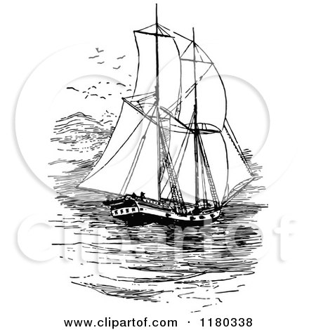Clipart of a Retro Vintage Black and White Sailing Ship - Royalty Free Vector Illustration by Prawny Vintage