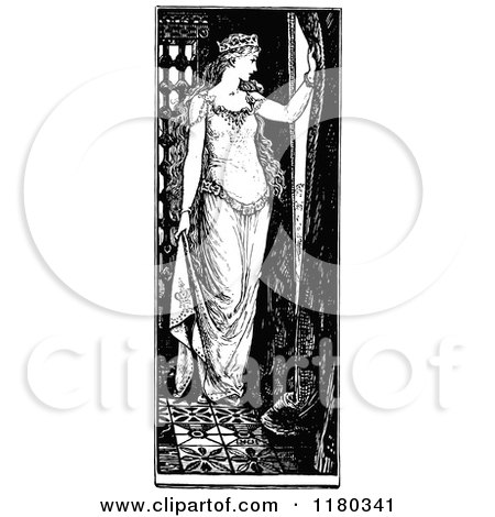 Clipart of a Retro Vintage Black and White Princess Looking out a Window - Royalty Free Vector Illustration by Prawny Vintage