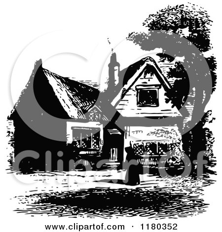 Clipart of a Retro Vintage Black and White Woman and Country Cottage - Royalty Free Vector Illustration by Prawny Vintage