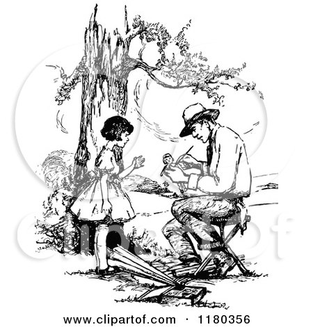 Clipart of a Retro Vintage Black and White Girl and Dad Painting a Doll - Royalty Free Vector Illustration by Prawny Vintage
