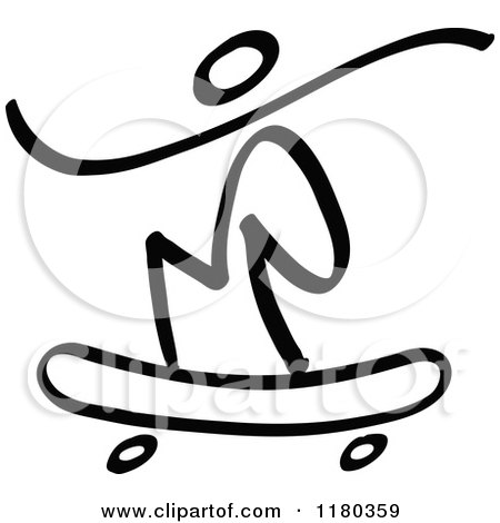 Clipart of a Black and White Stick Drawing of a Skateboarder - Royalty Free Vector Illustration by Zooco