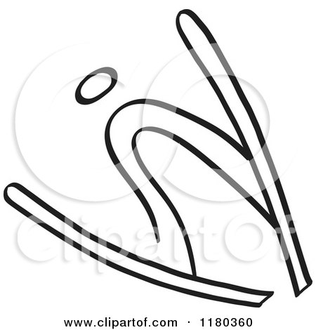 Clipart of a Black and White Stick Drawing of a Jumping Skier - Royalty Free Vector Illustration by Zooco