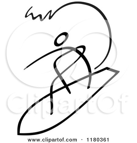 Clipart of a Black and White Stick Drawing of a Surfer - Royalty Free Vector Illustration by Zooco