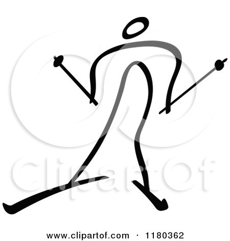 Clipart of a Black and White Stick Drawing of a Cross Country Skier - Royalty Free Vector Illustration by Zooco