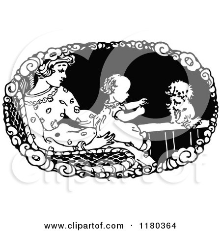Clipart of a Retro Vintage Black and White Mother Baby and Dog - Royalty Free Vector Illustration by Prawny Vintage