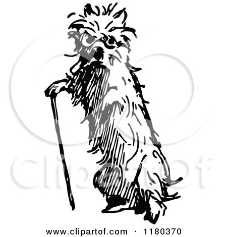 Clipart of a Retro Vintage Black and White Old Dog with a Cane - Royalty Free Vector Illustration by Prawny Vintage