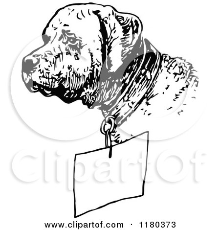 Clipart of a Retro Vintage Black and White Dog Wearing a Sign - Royalty Free Vector Illustration by Prawny Vintage