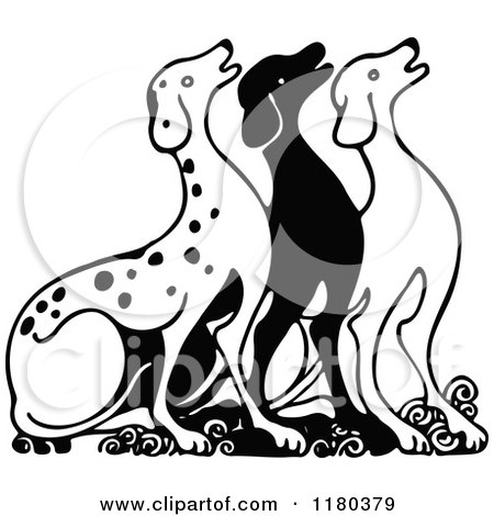Clipart of a Retro Vintage Black and White Dog Trio - Royalty Free Vector Illustration by Prawny Vintage