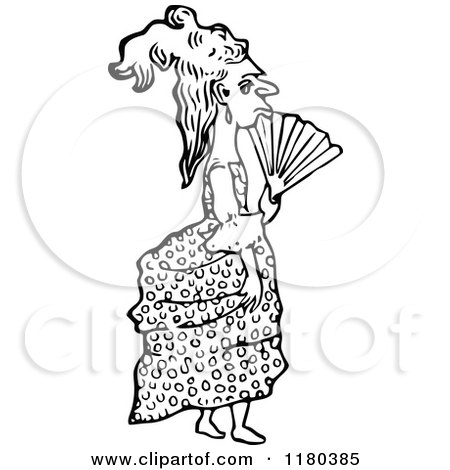 Clipart of a Retro Vintage Black and White Lady with a Fan - Royalty Free Vector Illustration by Prawny Vintage