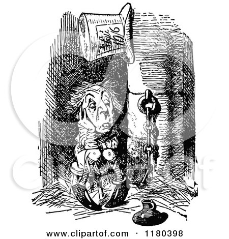 Clipart of a Retro Vintage Black and White Locked up Mad Hatter - Royalty Free Vector Illustration by Prawny Vintage