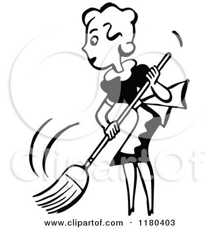Clipart of a Retro Vintage Black and White Woman Sweeping - Royalty Free Vector Illustration by Prawny Vintage
