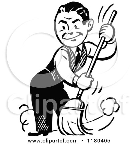 Clipart of a Retro Vintage Black and White Man Sweeping - Royalty Free Vector Illustration by Prawny Vintage