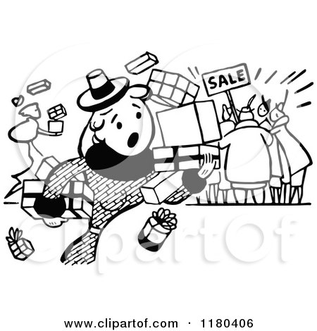 Clipart of a Retro Vintage Black and White Clumsy Shopper at a Sale - Royalty Free Vector Illustration by Prawny Vintage