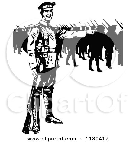 Clipart of Retro Vintage Black and White Soldiers - Royalty Free Vector Illustration by Prawny Vintage