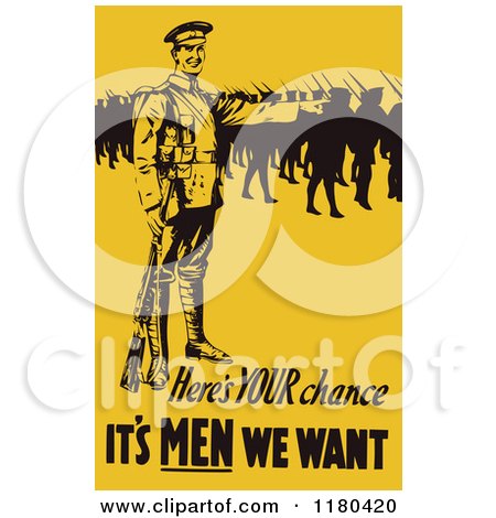 Clipart of a Retro Vintage Black and Yellow Heres Your Chance Its Men We Want Military Recruiter - Royalty Free Vector Illustration by Prawny Vintage