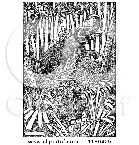 Clipart of a Retro Vintage Black and White Elephant Monkey and Tiger in the Jungle - Royalty Free Vector Illustration by Prawny Vintage