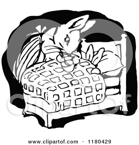 Clipart of a Retro Vintage Black and White Mother Rabbit Tucking Her Child in - Royalty Free Vector Illustration by Prawny Vintage