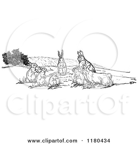 Clipart of a Retro Vintage Black and White Group of Rabbits - Royalty Free Vector Illustration by Prawny Vintage