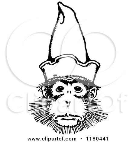Clipart of a Retro Vintage Black and White Monkey Wearing a Hat - Royalty Free Vector Illustration by Prawny Vintage