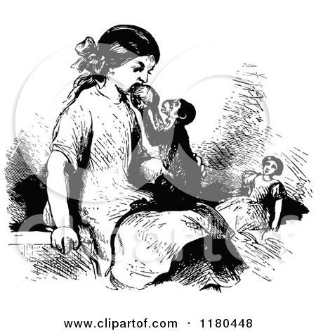 Clipart of a Retro Vintage Black and White Monkey Feeding a Girl - Royalty Free Vector Illustration by Prawny Vintage