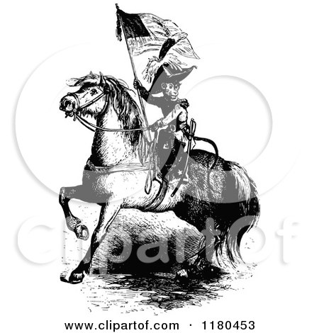 Clipart of a Retro Vintage Black and White Monkey on Horseback - Royalty Free Vector Illustration by Prawny Vintage