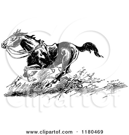 Clipart of a Retro Vintage Black and White Riderless Horse Running - Royalty Free Vector Illustration by Prawny Vintage