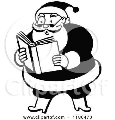 Clipart of a Retro Vintage Black and White Santa Reading - Royalty Free Vector Illustration by Prawny Vintage