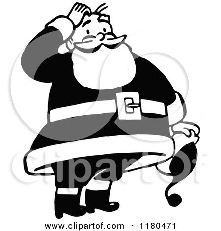 Clipart of a Retro Vintage Black and White Santa Scratching His Head - Royalty Free Vector Illustration by Prawny Vintage
