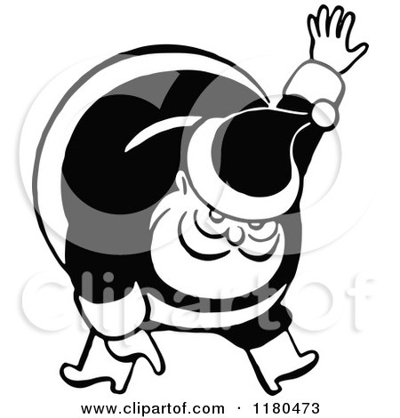 Clipart of a Retro Vintage Black and White Santa Bending over and Pointing - Royalty Free Vector Illustration by Prawny Vintage