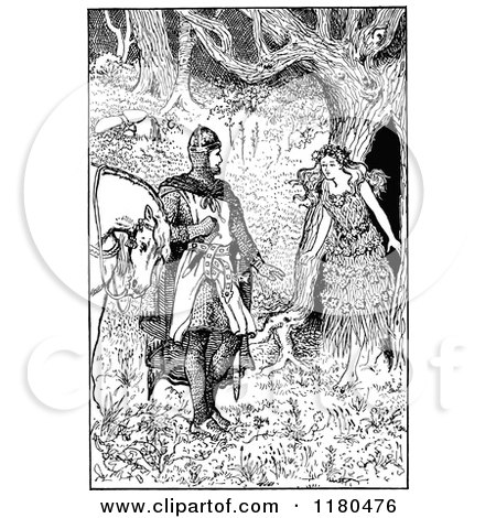 Clipart of a Retro Vintage Black and White Knight and Maiden in the Woods - Royalty Free Vector Illustration by Prawny Vintage