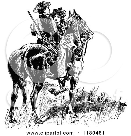 Clipart of a Retro Vintage Black and White Couple on Horseback - Royalty Free Vector Illustration by Prawny Vintage