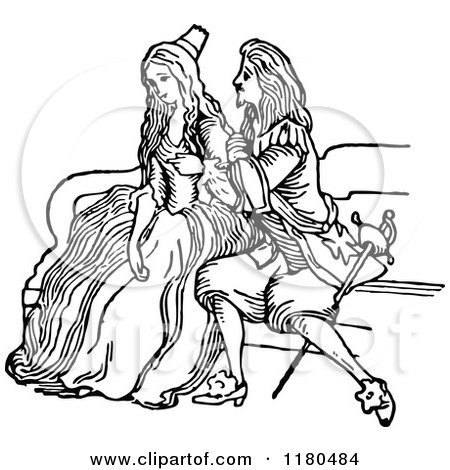 Clipart of a Retro Vintage Black and White Couple Sitting - Royalty Free Vector Illustration by Prawny Vintage