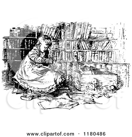 Clipart of a Retro Vintage Black and White Girl Reading in a Library - Royalty Free Vector Illustration by Prawny Vintage