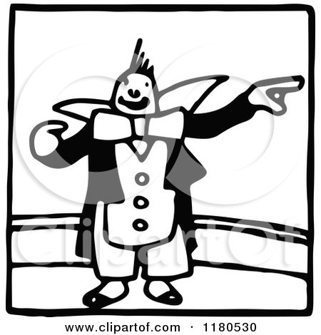 Clipart of a Black and White Pointing Clown Icon - Royalty Free Vector Illustration by Prawny Vintage