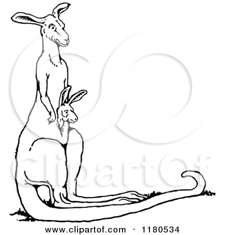 Clipart of a Black and White Kangaroo and Joey - Royalty Free Vector Illustration by Prawny Vintage