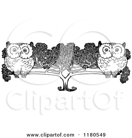 Clipart of Retro Vintage Black and White Owls in a Tree - Royalty Free Vector Illustration by Prawny Vintage