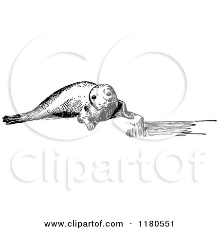 Clipart of a Retro Vintage Black and White Seal on a Ledge - Royalty Free Vector Illustration by Prawny Vintage