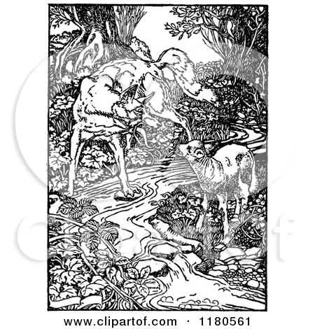 Clipart of a Retro Vintage Black and White Fox and Lamb at a Stream - Royalty Free Vector Illustration by Prawny Vintage