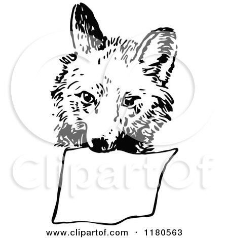 Clipart of a Retro Vintage Black and White Fox Carrying a Sign - Royalty Free Vector Illustration by Prawny Vintage