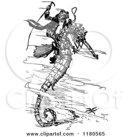 Clipart of a Retro Vintage Black and White Frog Riding a Seahorse - Royalty Free Vector Illustration by Prawny Vintage