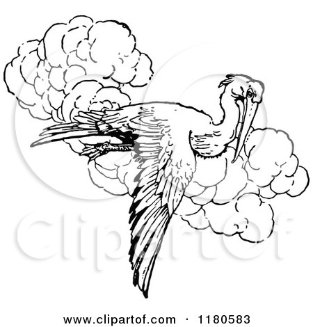 Clipart of a Retro Vintage Black and White Pelican Flying - Royalty Free Vector Illustration by Prawny Vintage
