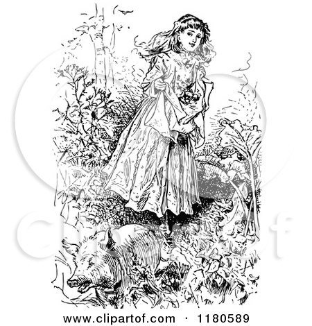 Clipart of a Retro Vintage Black and White Girl and Pig in the Woods - Royalty Free Vector Illustration by Prawny Vintage