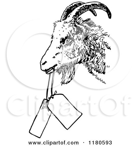 Clipart of a Retro Vintage Black and White Goat with Tags - Royalty Free Vector Illustration by Prawny Vintage