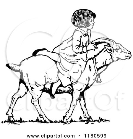 Clipart of a Retro Vintage Black and White Girl Riding a Goat - Royalty Free Vector Illustration by Prawny Vintage