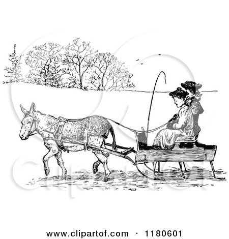 Clipart of a Retro Vintage Black and White Donkey Pulling People in a Cart - Royalty Free Vector Illustration by Prawny Vintage